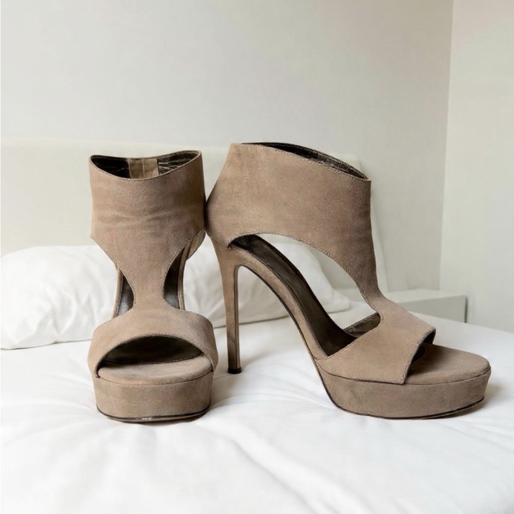 Stuart Weitzman Taupe Cutout Suede Heels